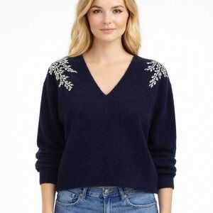 Veronica Beard Dark Blue/ Navy V-Neck Sweater with Crystal  Embellishments
